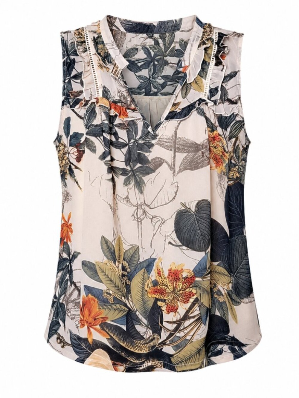 Hazel Office Romantic Large Floral Sleeveless Layered Ruffle Trim Blouse